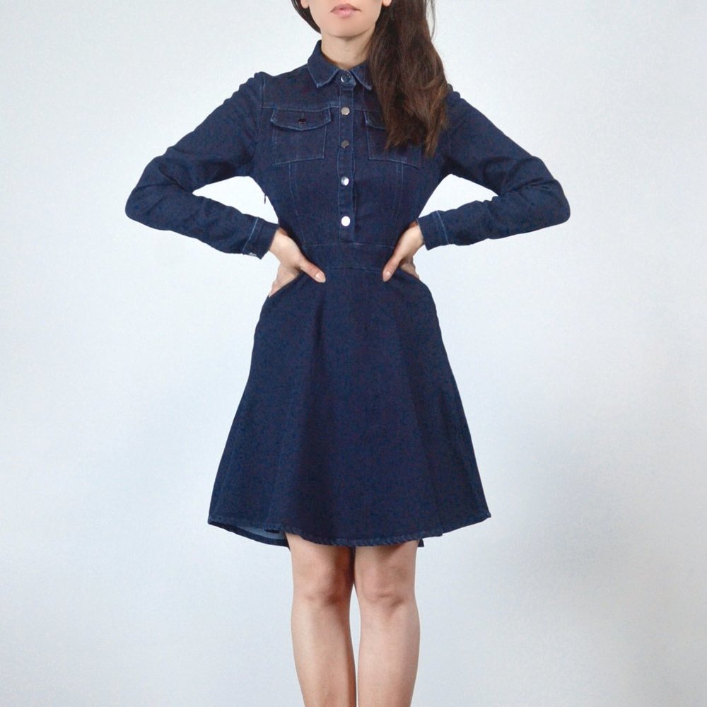 Dark Denim Dress, Fitted Long Sleeve Jean Dress with High Low Hem, sz XS